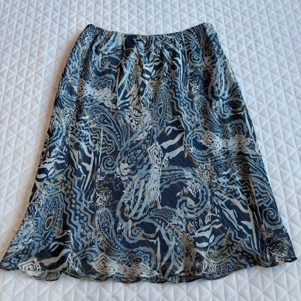 VTG Chadwick’s Silk A-Line Skirt Sz 12 Blue Gold Metallic Abstract Art To Wear - Picture 8 of 14